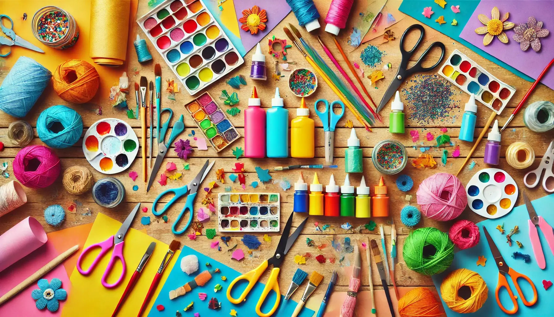 Flat lay of colorful craft materials including scissors, glue, paper, paint, and glitter arranged on a wooden table.