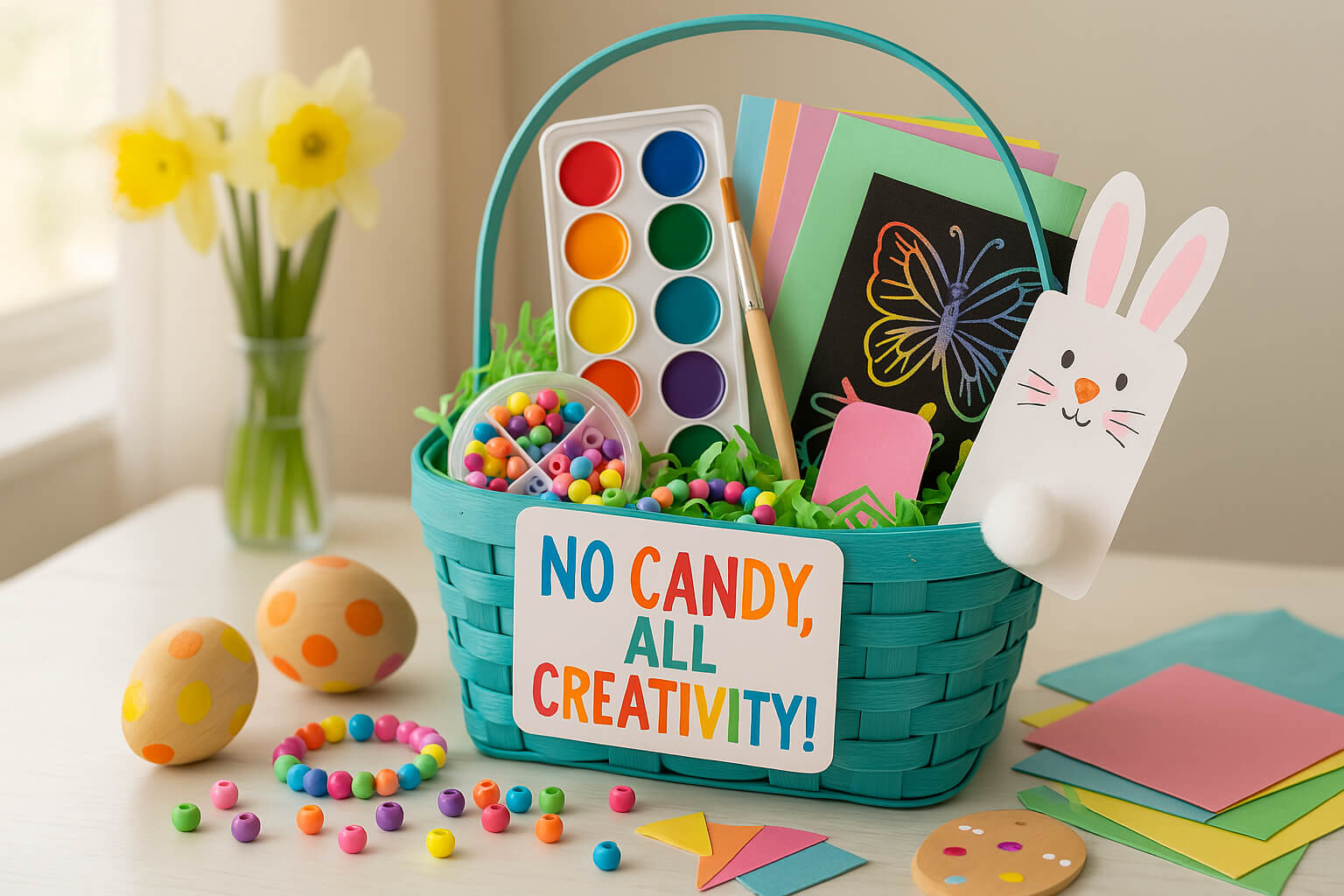 Colorful Easter basket filled with paints, beads, and crafts, styled for kids as a fun and creative non-candy alternative to traditional Easter gifts.