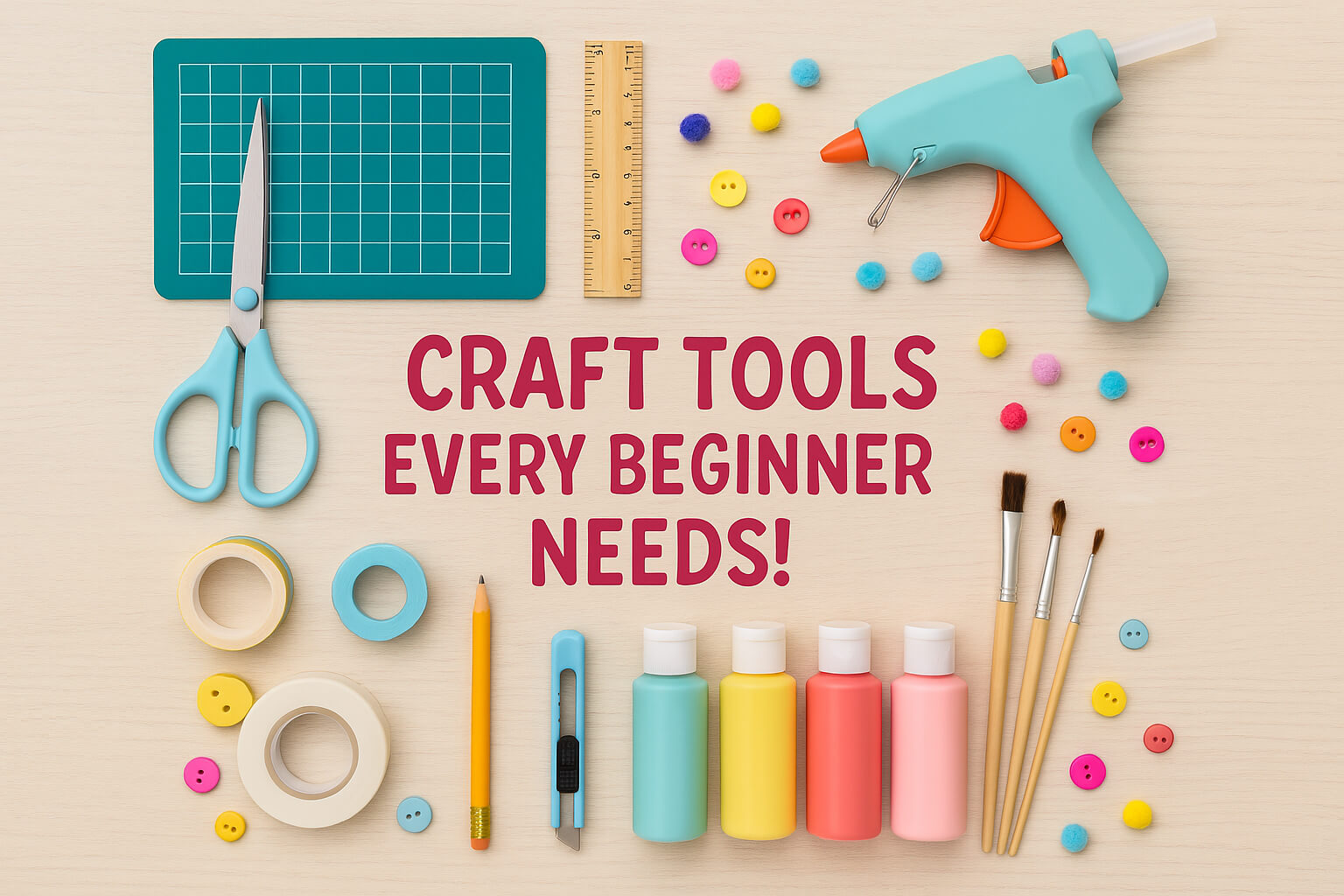 A flat lay of beginner craft tools including scissors, glue gun, ruler, cutting mat, and paintbrushes on a light wooden surface.