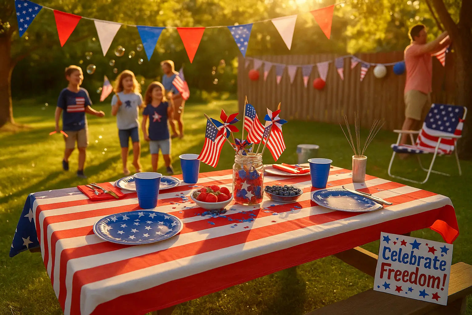 Patriotic backyard party setup with red, white, and blue decor, kids playing, and a festive table at golden hour for 4th of July or Memorial Day celebration.