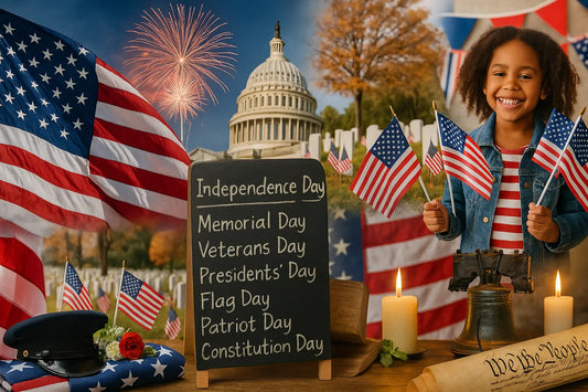 Collage showing U.S. flag, fireworks, military tribute, and family celebrating patriotic holidays across seasons.