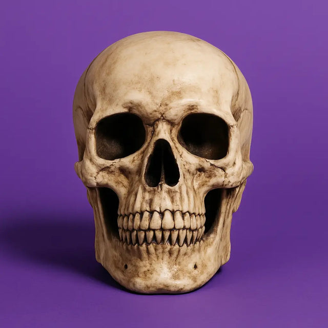 Realistic Halloween skull prop with weathered bone detail, perfect for spooky tabletop, haunted house, or party decoration setups.