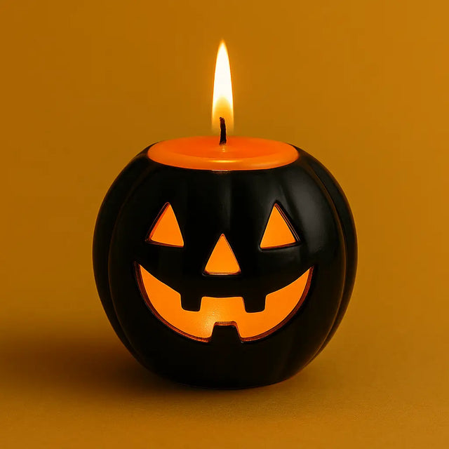 Black ceramic pumpkin candle holder with glowing orange candle, perfect for Halloween mood lighting, spooky ambiance, and festive fall home decor.
