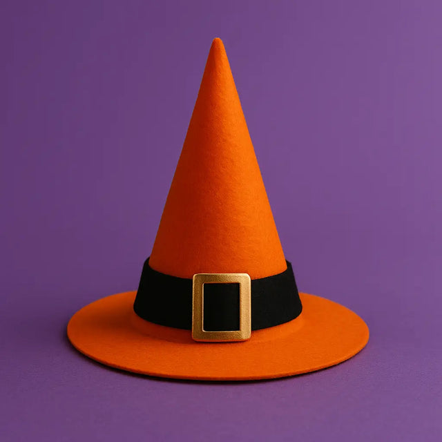 Classic orange witch hat with black band and gold buckle, perfect Halloween costume accessory for kids, adults, and spooky party outfits.