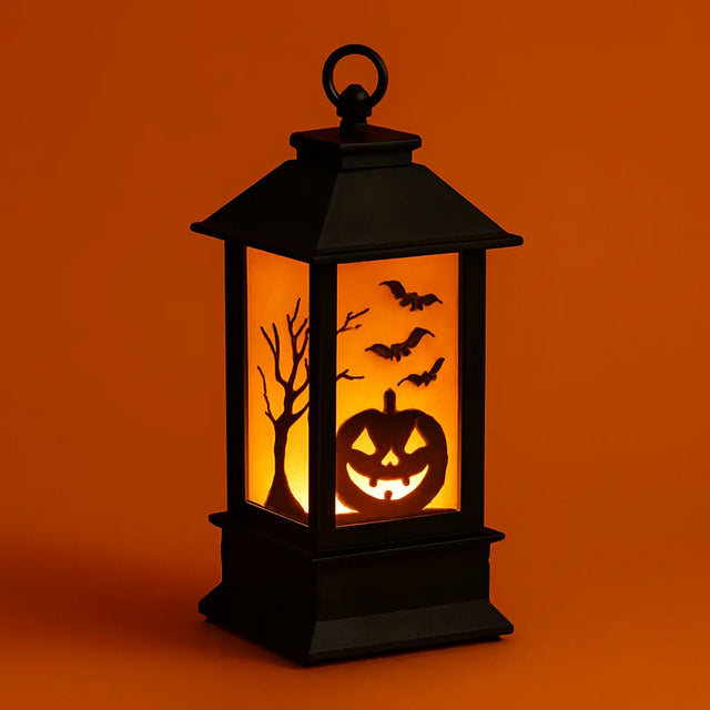 Halloween lantern with glowing jack-o'-lantern, bats, and tree silhouettes, perfect spooky lighting for Halloween displays, porches, and party décor.