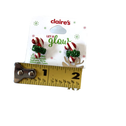 Christmas Candy Cane Glitter Bow Stud Earrings