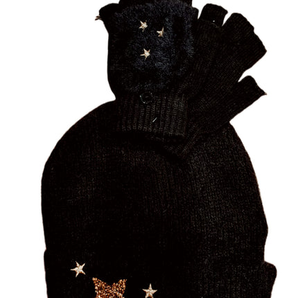 Black Soot Beanie & Glove Set with Gold Stars