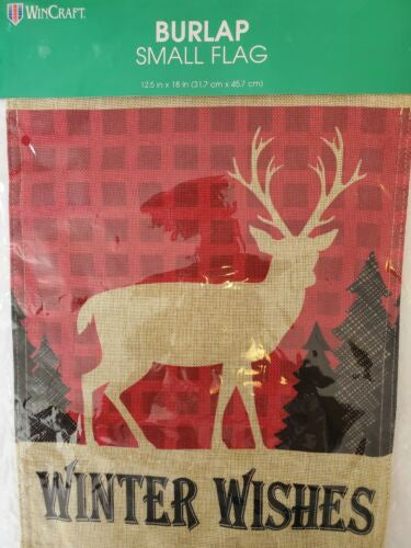 Winter Wishes Buck Burlap Garden Flag 12.5x18"