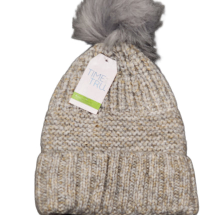 TIME AND TRU, TT BEANIE, GREY AND TAN TT BEANIE WITH POM, ONE SIZE FITS MOST, TT BEANIE