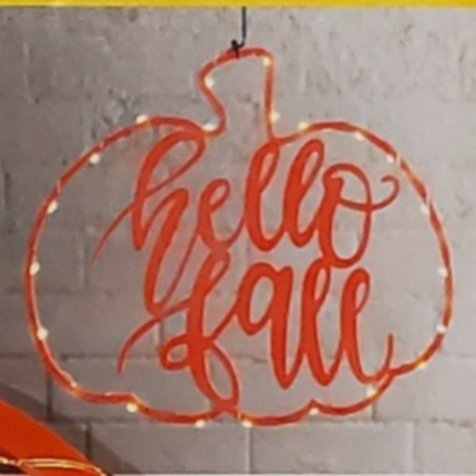 Pre-Lit Pumpkin 11"x10" - 21 LED Hello Fall Wall Sign