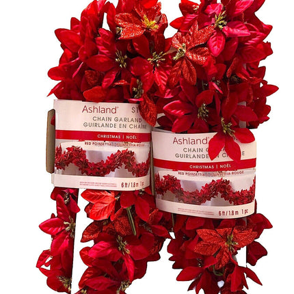 Set of 2 6ft Ashland Garland -Chain Link Poinsettia Glitter Christmas Winter-NWT