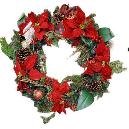 Premium Floral Poinsettia with Plaid Ribbon Christmas Wreath by Ashland Decor