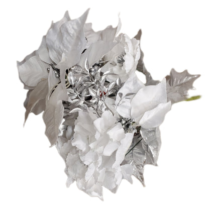 Silver Poinsettia & Peony Christmas Spray 21"