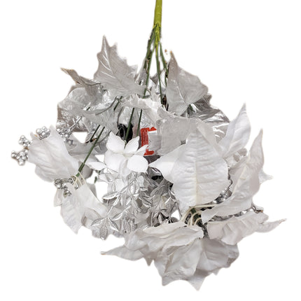 Silver Poinsettia & Peony Christmas Spray 21"