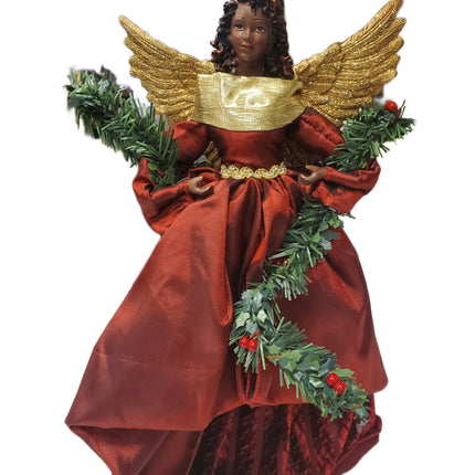 18" Black Angel Christmas Tree Topper - Gold/Red Detail