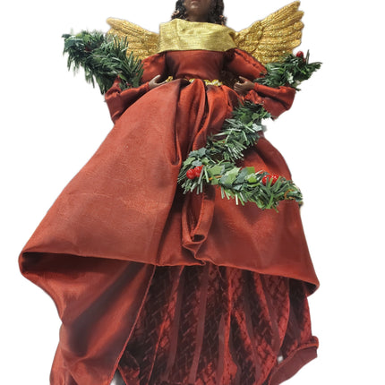 18" Black Angel Christmas Tree Topper - Gold/Red Detail