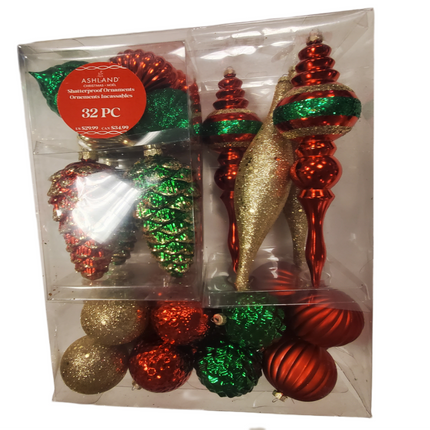 Ashland 32-Piece Red, Green and Gold Shatterproof Christmas Ornaments