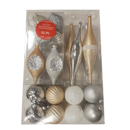 Ashland 32-Piece Gold, White and Silver Shatterproof Christmas Ornaments