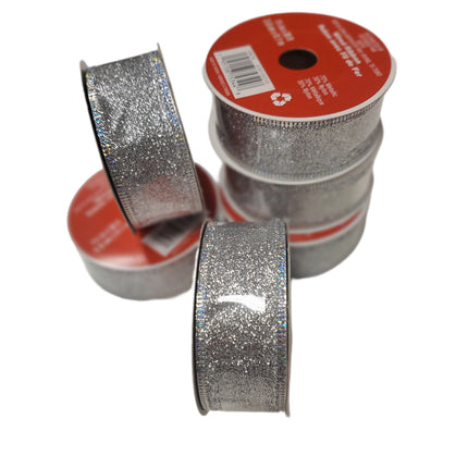 Silver Glitter Wired Ribbon 1.5in x 30ft - Home Decor