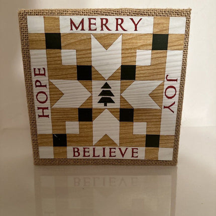 Ashland Merry joy  Believe Hope Burlap Christmas Tree Red Sign Tabletop Decor 7in