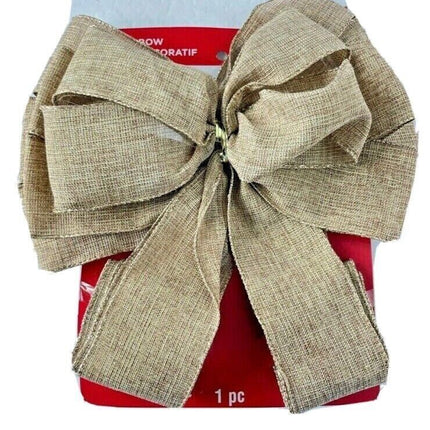 Large Burlap Christmas Bow - Beige Polyester 10" Width