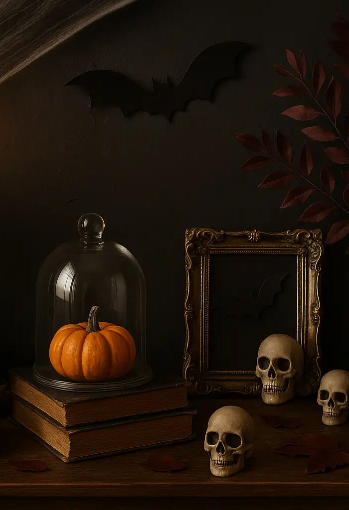Halloween tabletop vignette with skulls, pumpkins, antique books, candle, framed bat silhouette, and faux cobwebs, styled against a dark backdrop for a gothic decorative display.