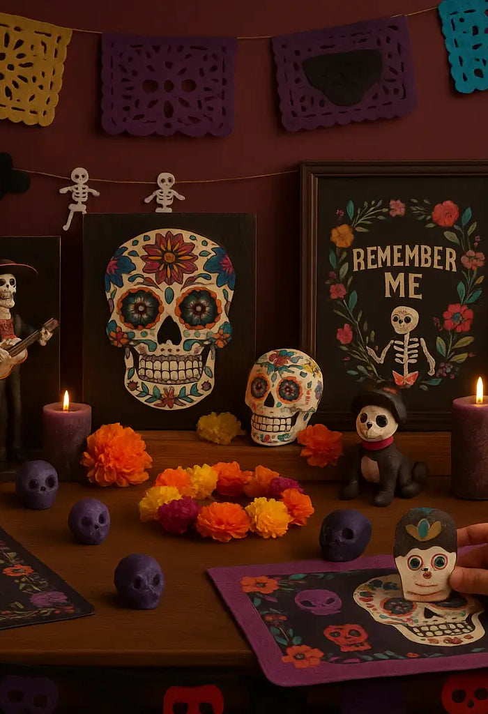 Día de los Muertos altar with sugar skulls, marigolds, candles, papel picado banner, and skeleton figurines arranged in warm soft lighting.