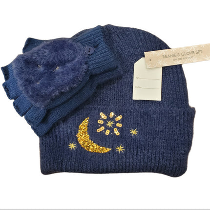 Lagoon Blue Beanie & Glove Set - Moon & Stars
