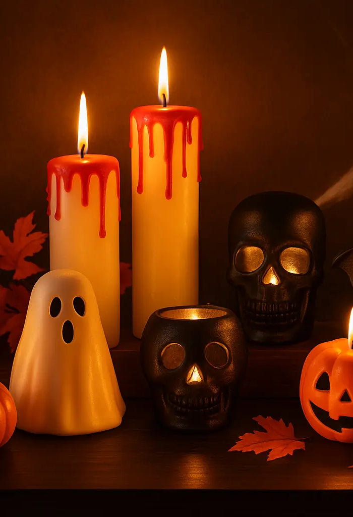 Halloween tabletop with lit candles in ghost, skull, bat, and mosaic holders, surrounded by pumpkins, cobwebs, and autumn leaves, creating a cozy and spooky glowing display.