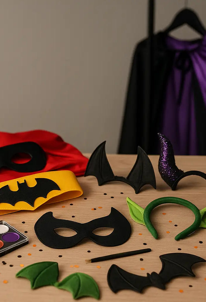 Tabletop scene of Halloween costume accessories—witch hat, masks, bat wings, utility belt, cat ears, and face paint—with hanging costumes blurred in the background.
