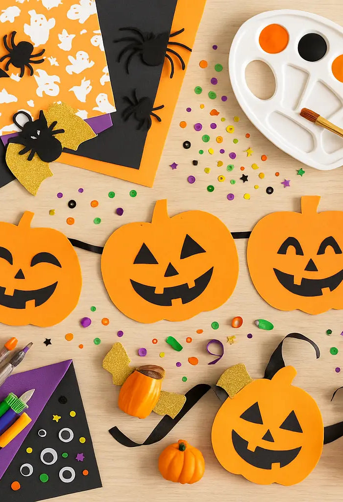 Craft table with Halloween supplies—paper, glitter, glue, paint, ribbons, mini pumpkins, and jack-o’-lantern cutouts—arranged around a half-finished DIY garland project.