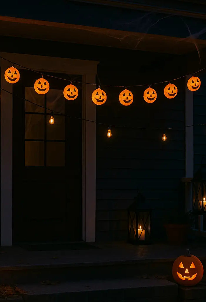 Landscape view of front porch with pumpkin string lights, glowing lanterns, jack-o'-lanterns, and cobwebs at twilight, creating a warm and festive Halloween atmosphere.