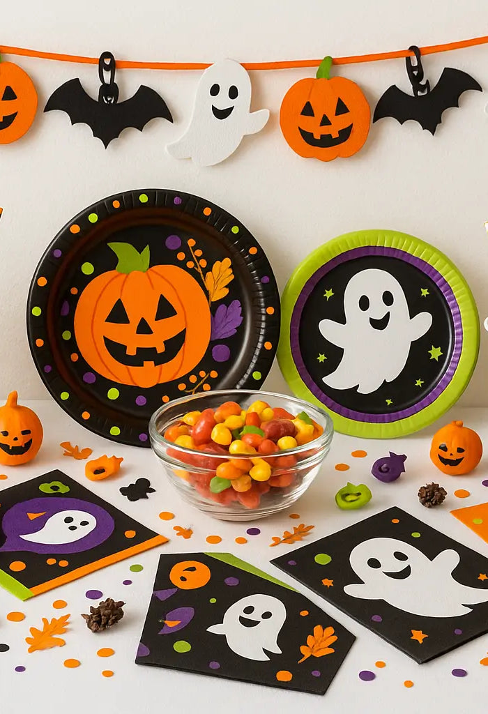 Halloween party table with themed plates, cups, napkins, straws, candy bowl, pumpkins, and festive decorations, creating a fun and vibrant celebration setup.