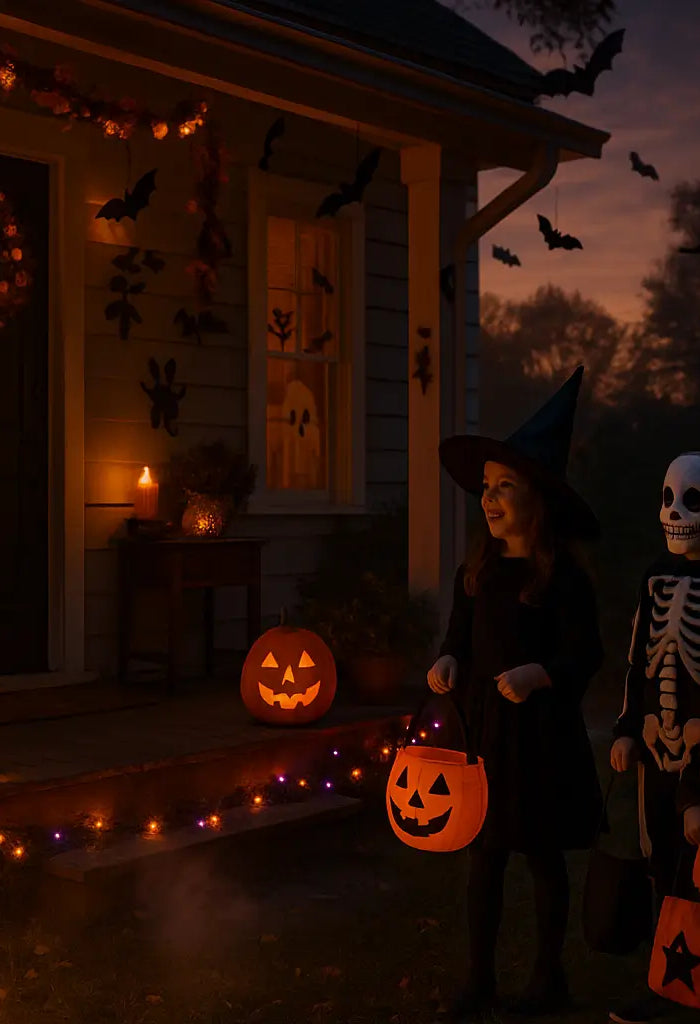 Kids in Halloween costumes trick-or-treating at a decorated porch with lights, inflatables, skeleton, and pumpkins at dusk.