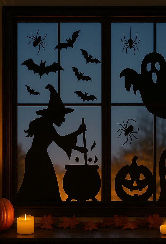 Indoor Halloween scene with silhouetted witch, bats, pumpkins, and ghost on window, backlit by twilight, accented by candles, cobwebs, and autumn leaves on shelves and table.