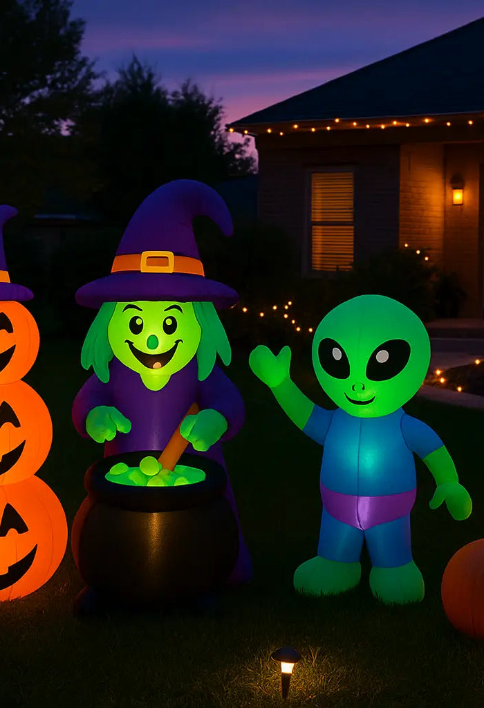 Twilight front yard with glowing Halloween inflatables—ghosts, pumpkins, witch, and alien—lit up with LED lights, creating a festive and playful outdoor display.
