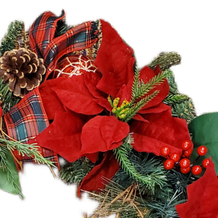 Premium Floral Poinsettia with Plaid Ribbon Christmas Wreath by Ashland Decor