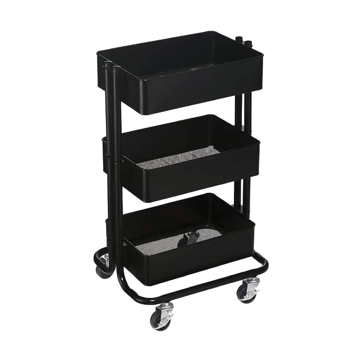 Simply Tidy Lexington Mini Rolling Cart in black with 3 metal mesh trays and locking wheels, ideal for craft supply and small space home organization.