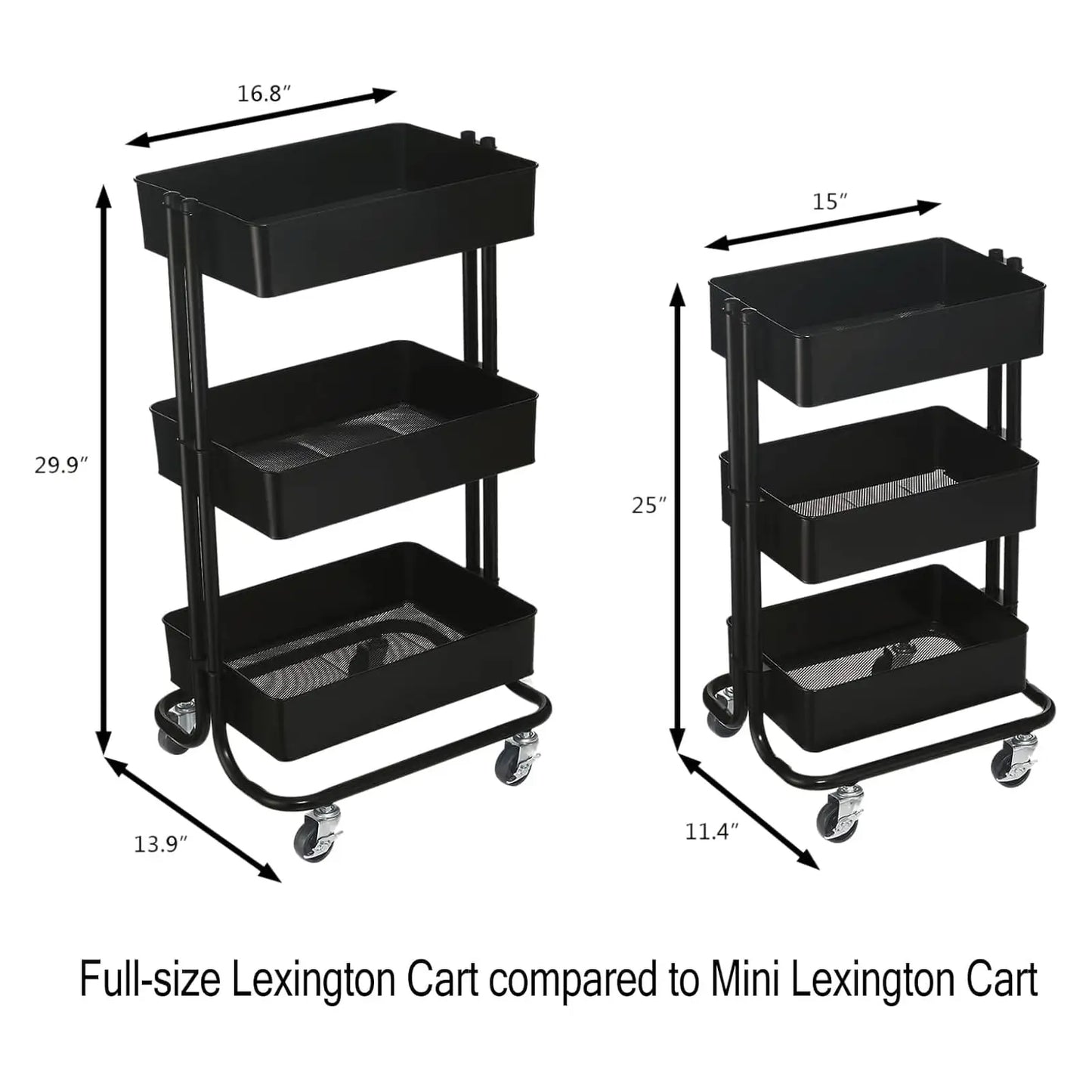 Side-by-side comparison of full-size and mini Simply Tidy Lexington Rolling Carts with labeled dimensions for craft storage and home organization.