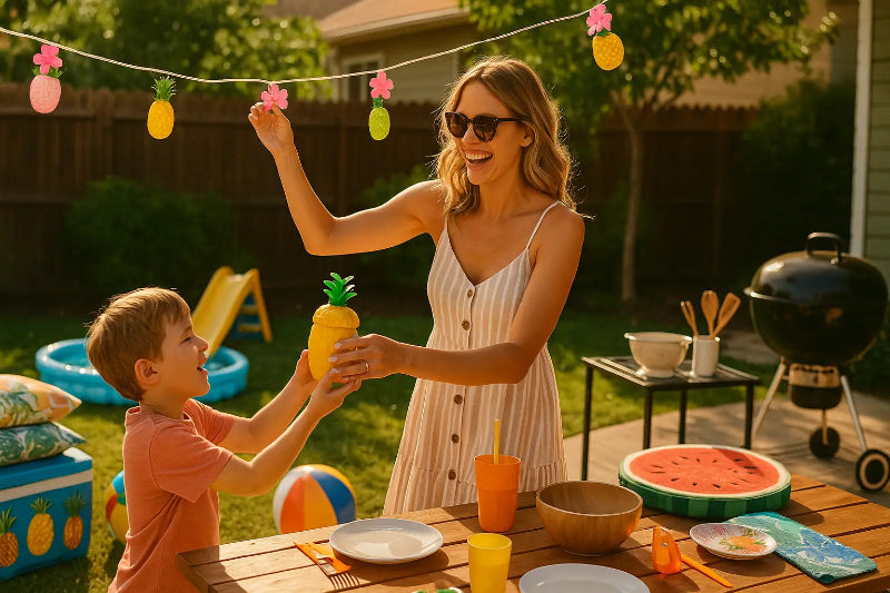 Mom and child decorate a sunny backyard with summer items like lights, dishes, and toys, preparing for a fun seasonal gathering.