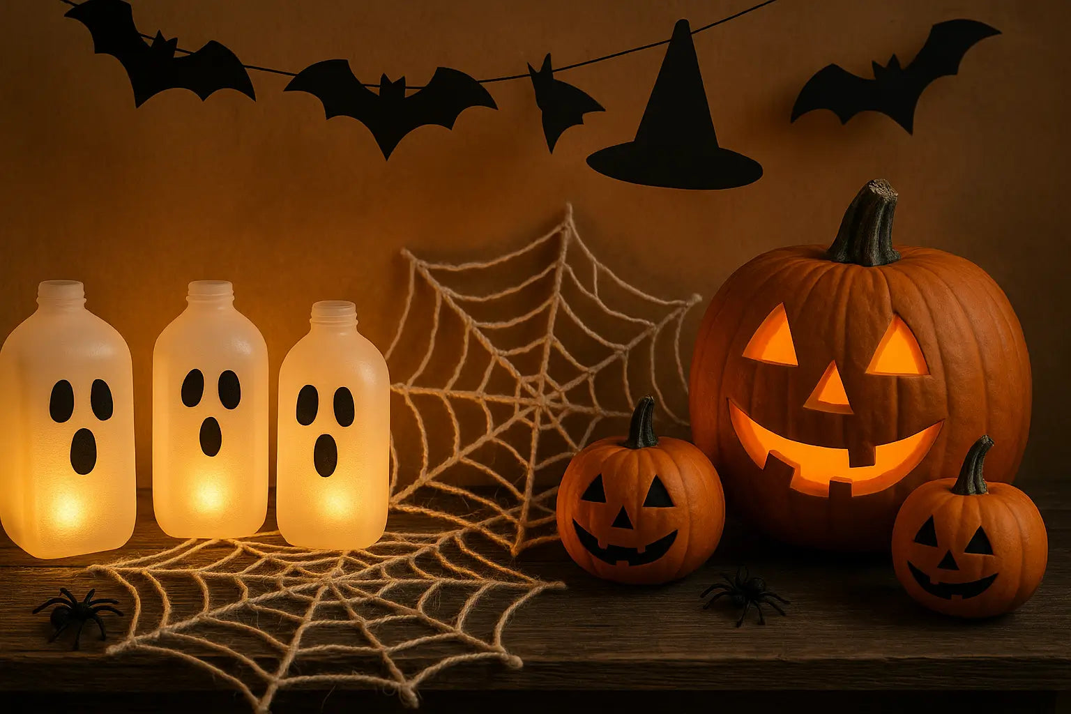 DIY Halloween decorations including glowing milk jug ghosts, carved pumpkins, and spider web crafts on a rustic table