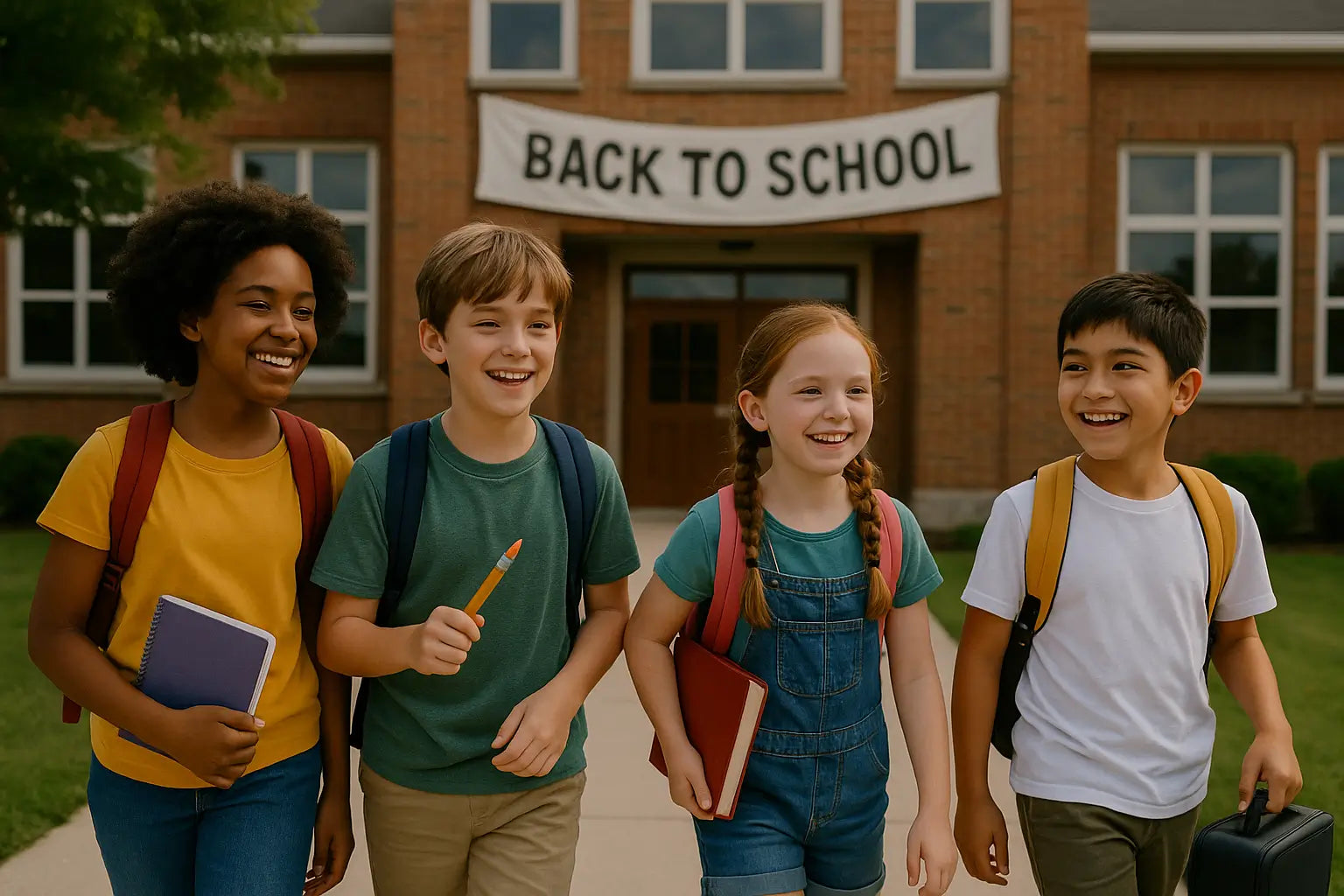 Photorealistic image of diverse schoolchildren walking to class with backpacks and supplies, representing back-to-school shopping on a budget.