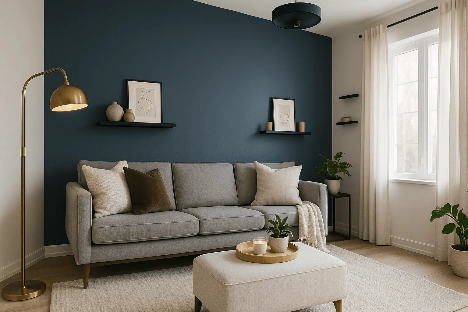 Elegant budget-friendly living room with navy accent wall, mid-century sofa, neutral rug, gold lamp, and modern decor that makes the space look expensive for less.