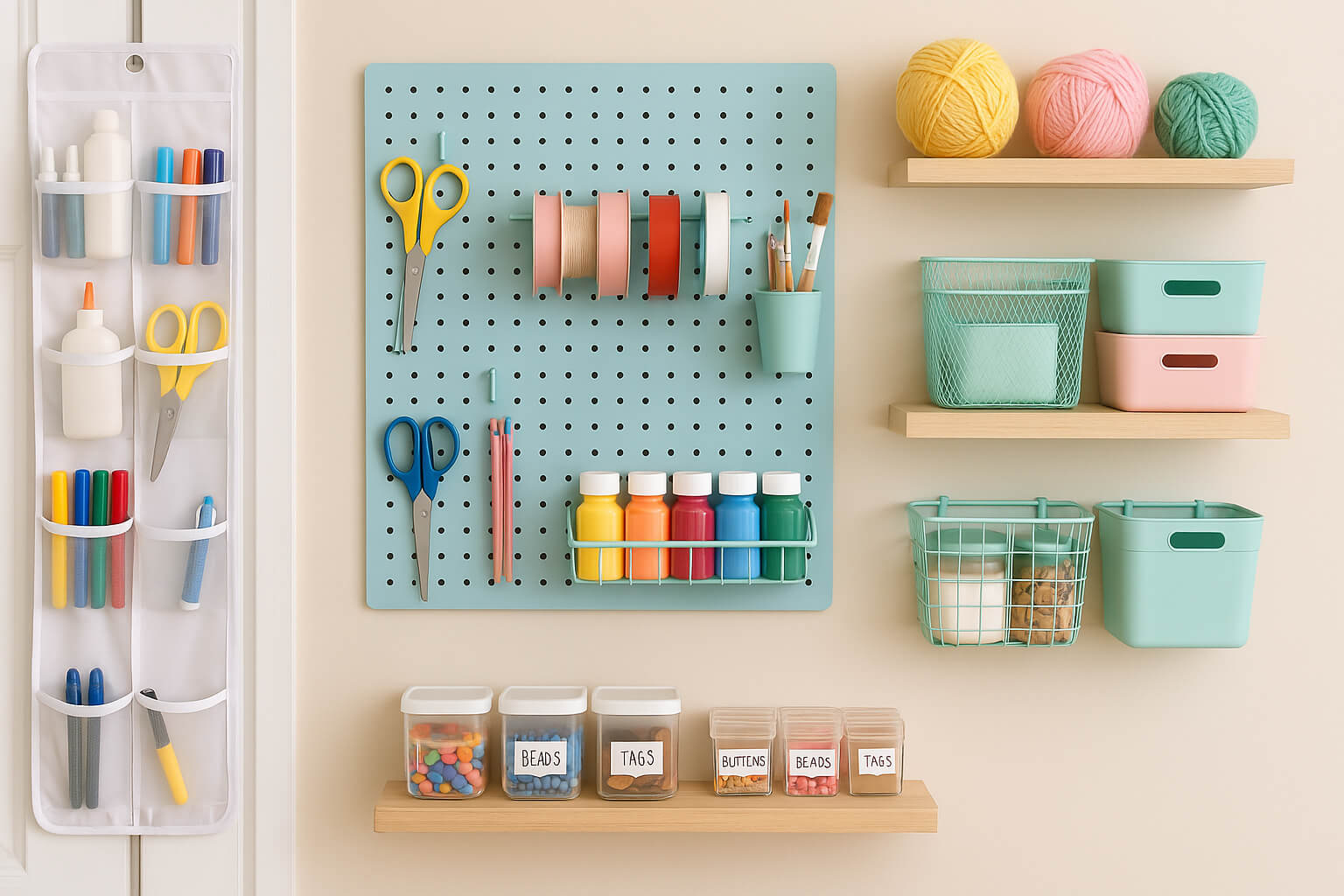 Colorful craft room with cheap vertical storage ideas using pegboards, baskets, and DIY shelves to organize supplies in a small space.