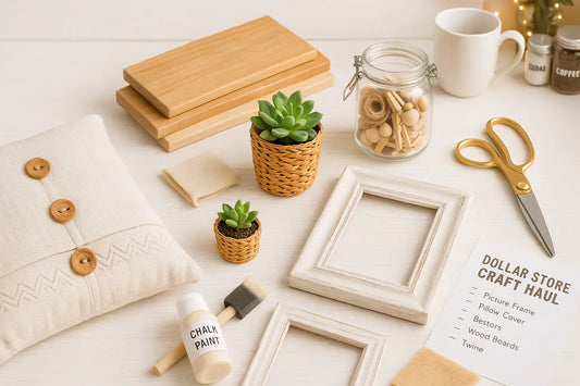 Flat lay of discount store DIY home decor items including pillow, chalk paint, wood, rattan planters, and tools.