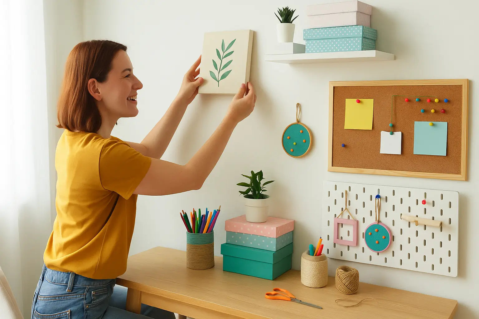 Woman decorating a small home office with DIY crafts, including handmade art, pegboard, and colorful storage in a cozy creative workspace.