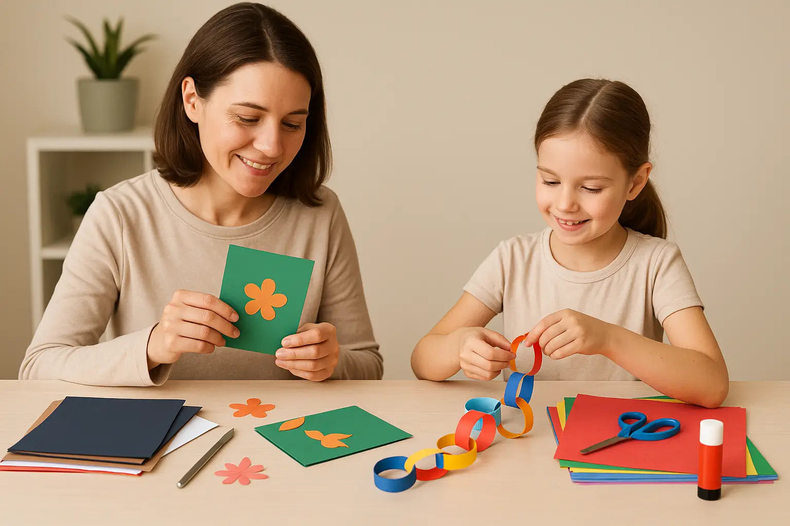 Mother and daughter crafting together at a table using colorful paper to make a greeting card and paper chain, surrounded by scissors, glue stick, and various paper sheets.
