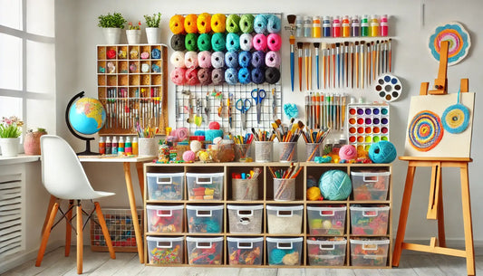 Well-organized craft space with neatly arranged supplies, including pegboard storage, labeled bins, and a rolling cart for budget-friendly organization