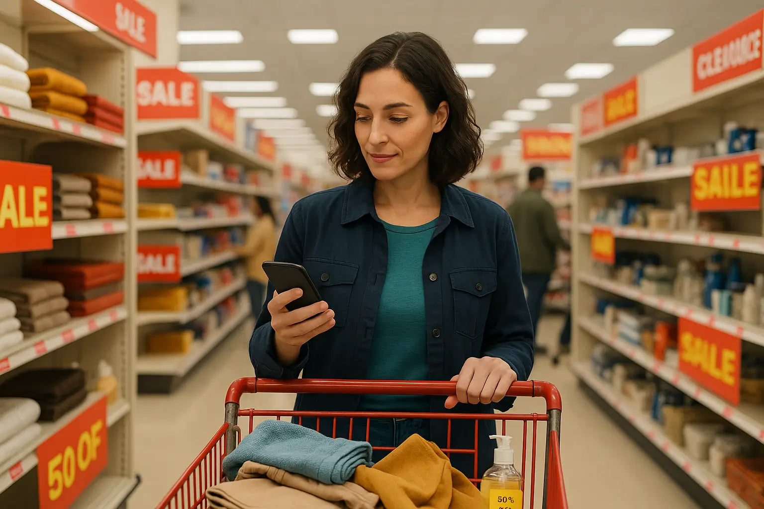 Savvy shopper using smartphone coupon app in bright discount-store aisle lined with red sale signs and clearance racks, highlighting strategic bargain hunting.
