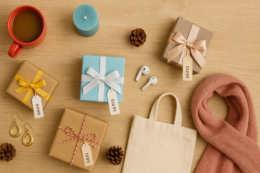 Flat lay of affordable gift ideas under $20, including wrapped presents with price tags, a red coffee mug, teal candle, wireless earbuds, pink scarf, tote bag, pinecones, and gold earrings arranged on a wooden surface.